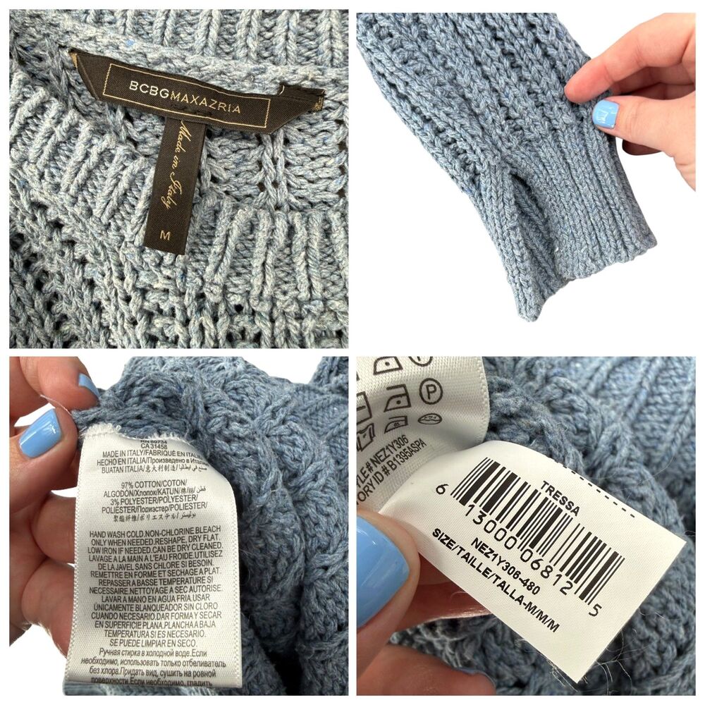 BCBGMAXAZRIA Blue Cold Shoulder Sweater Women Medium Chunky Knit Italy Textured - Picture 13 of 13